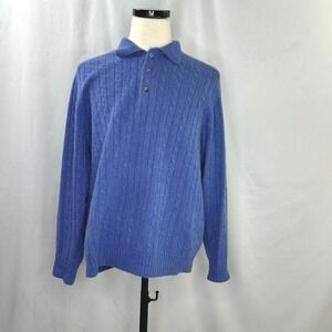 Davis & Squire Men's Large Cashmere Polo Sweater Blue Cable Knit Luxury Classic